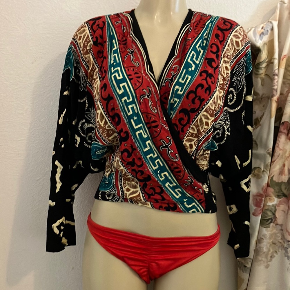 Vintage Blouse Dolman Sleeve Carole Little Multi Color Black Cream Brown Red